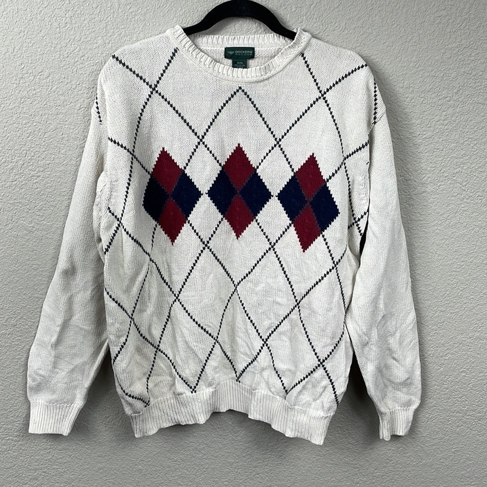 Dockers Recode Argyle Knit Sweater Golf Preppy Academia Cream Sz M